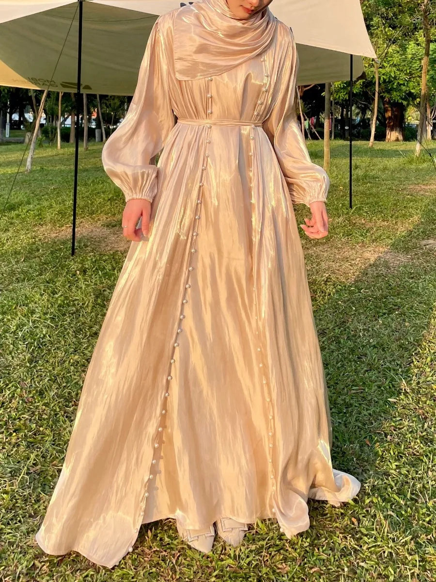 Women Eid Muslim Abaya 3 Piece Set with Scarf Lantern Sleeve Gorgeous Party Dress Pearls Belt Long Robe Abayas Kaftan Vestidos