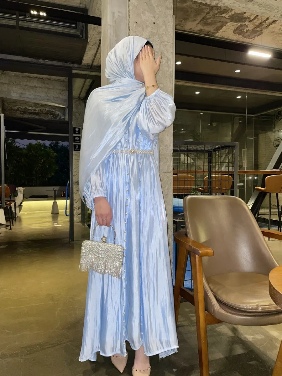 Women Eid Muslim Abaya 3 Piece Set with Scarf Lantern Sleeve Gorgeous Party Dress Pearls Belt Long Robe Abayas Kaftan Vestidos