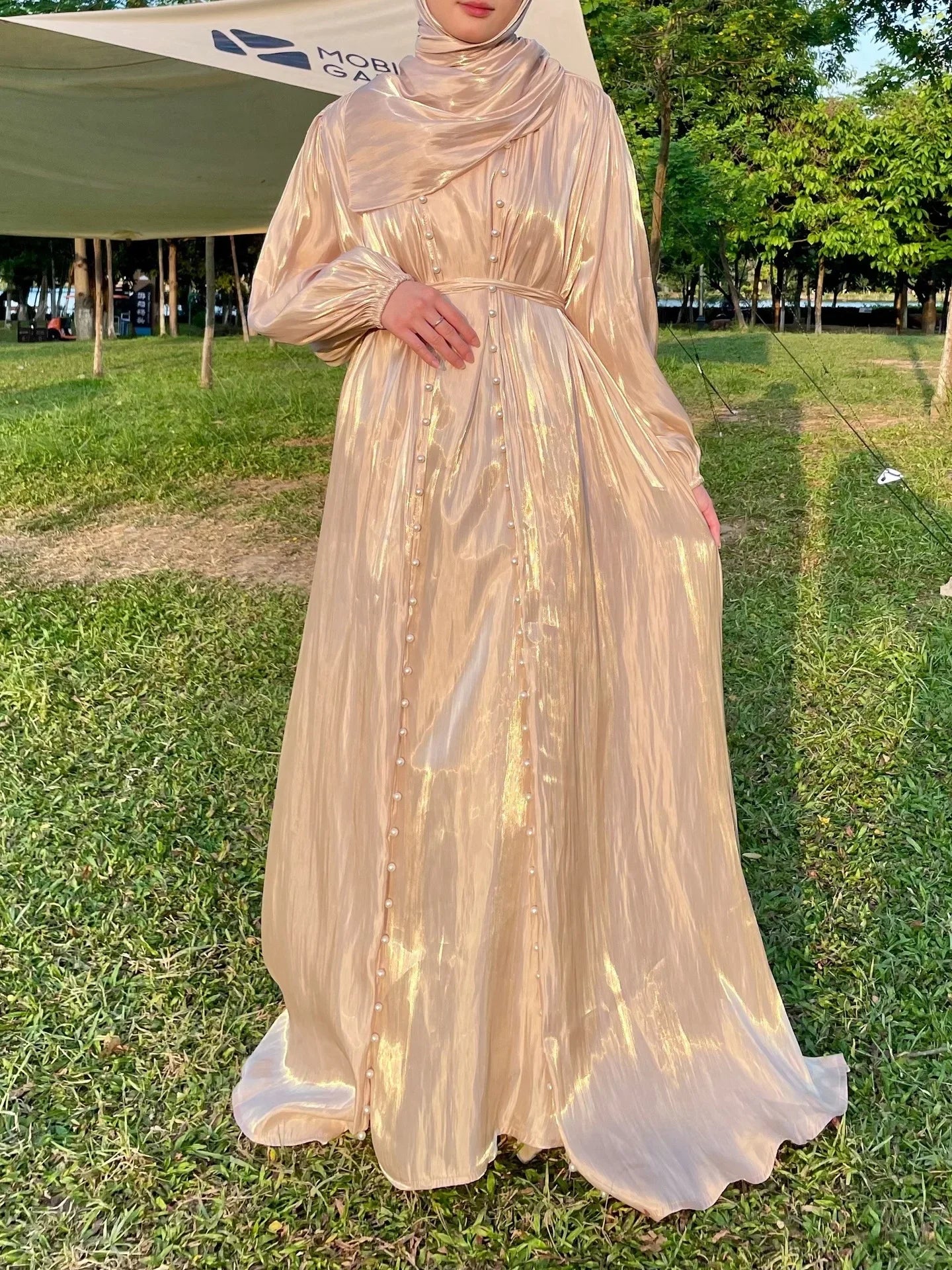 Women Eid Muslim Abaya 3 Piece Set with Scarf Lantern Sleeve Gorgeous Party Dress Pearls Belt Long Robe Abayas Kaftan Vestidos
