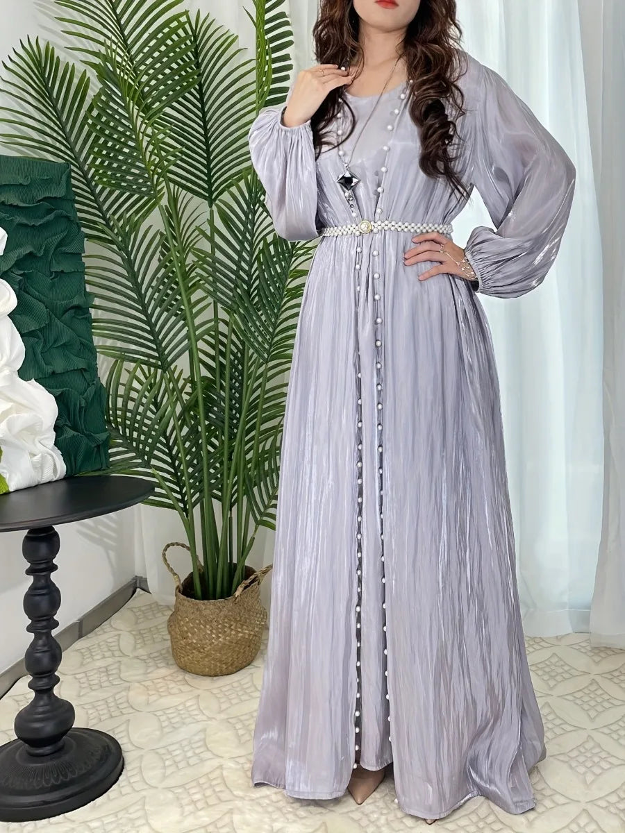Women Eid Muslim Abaya 3 Piece Set with Scarf Lantern Sleeve Gorgeous Party Dress Pearls Belt Long Robe Abayas Kaftan Vestidos