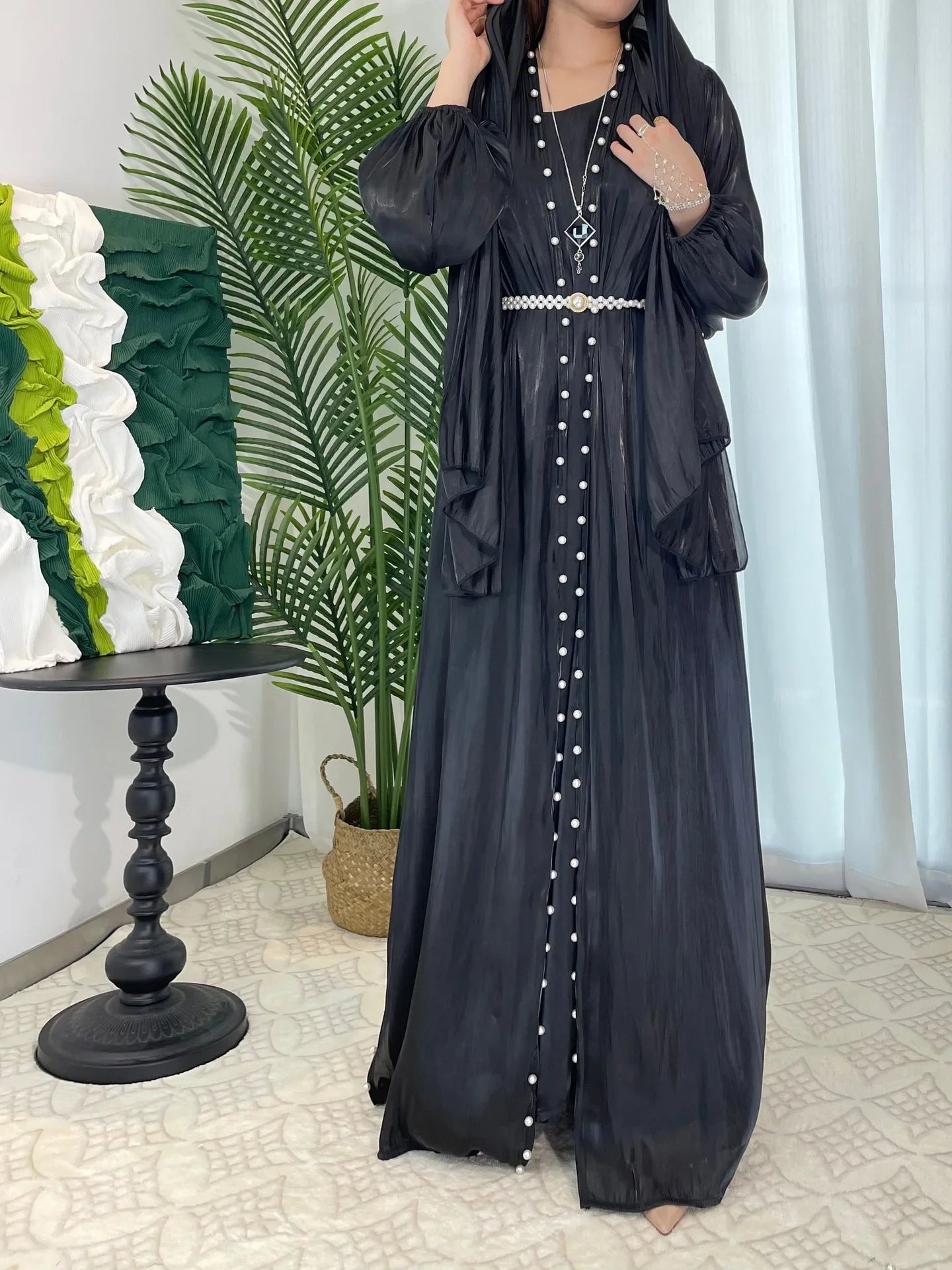 Women Eid Muslim Abaya 3 Piece Set with Scarf Lantern Sleeve Gorgeous Party Dress Pearls Belt Long Robe Abayas Kaftan Vestidos