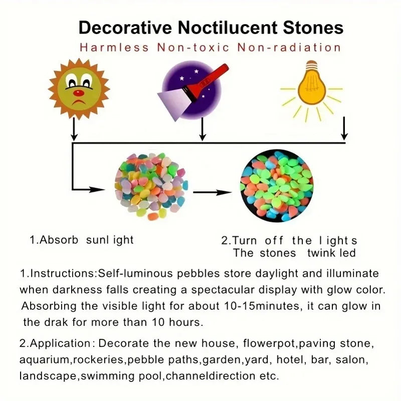 100Pcs Glow in the Dark Garden Pebbles For Sidewalk Garden Terrace Lawn Garden Patio Fish Tank Aquarium Decoration Glow Stone