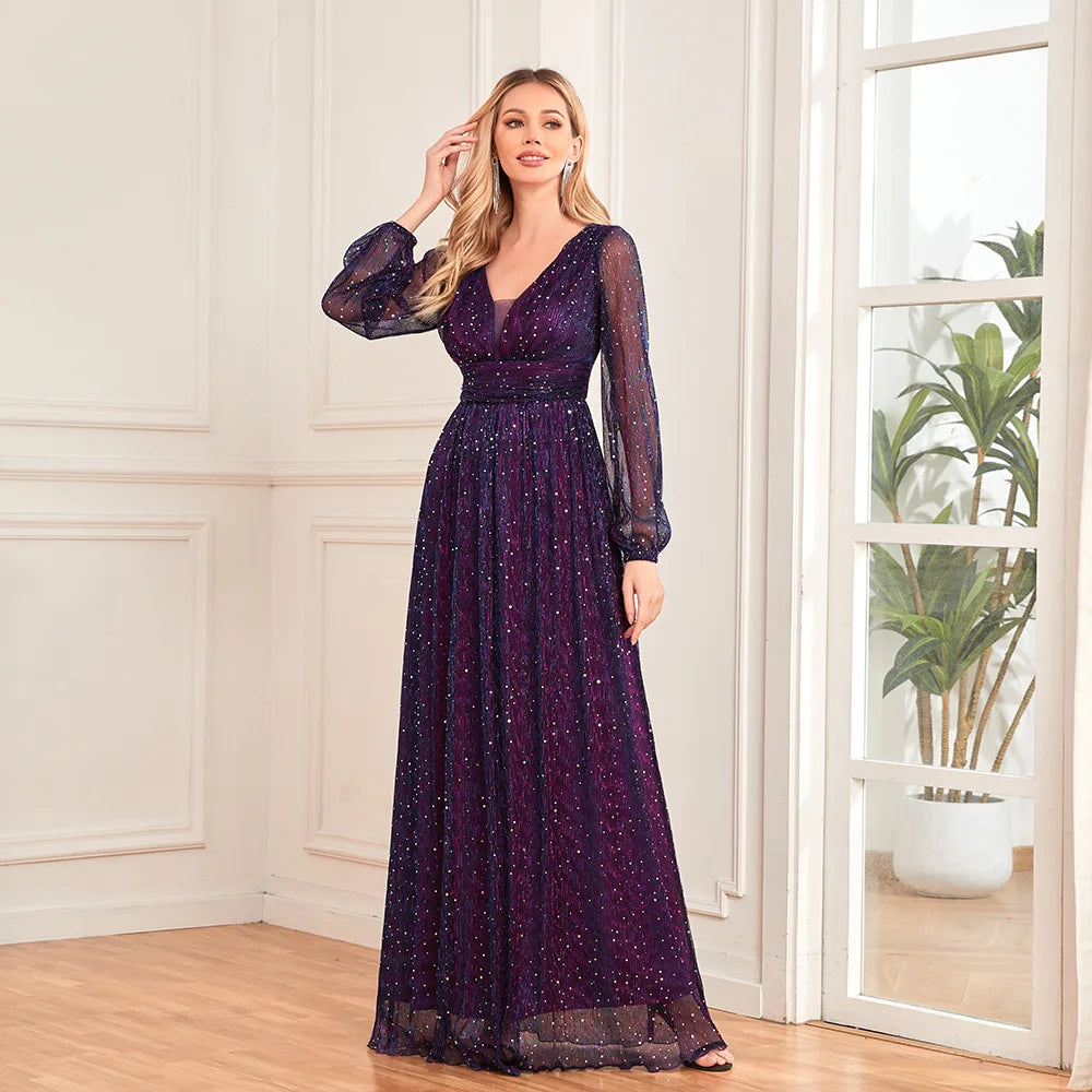 Elegant Women's Bright Sparkling Pleated Long Sleeve V-Neck Swing Skirt with Full Lining Elastic Waist A-Line Gown for Special O