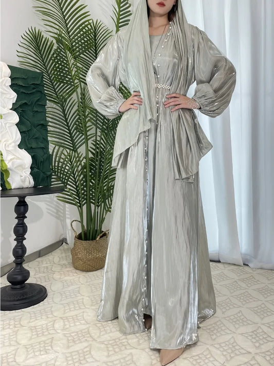 Women Eid Muslim Abaya 3 Piece Set with Scarf Lantern Sleeve Gorgeous Party Dress Pearls Belt Long Robe Abayas Kaftan Vestidos