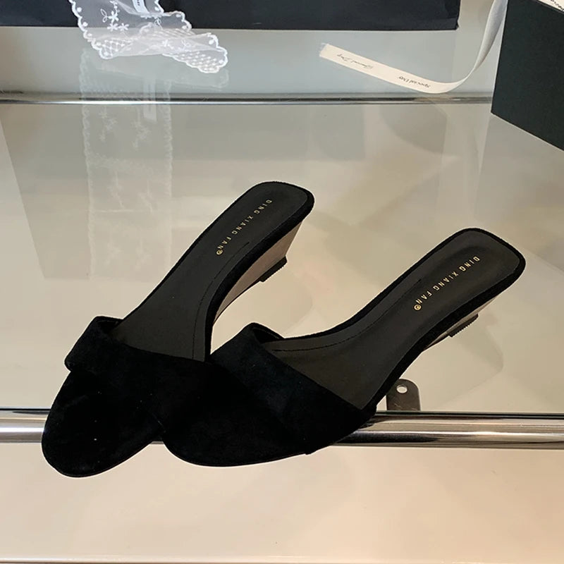 SUOJIALUN 2025 Summer New Women Slipper Fashion Low Wedge Heel Ladies Elegant Slides Open Toe Outdoor Dress Sandal Shoes