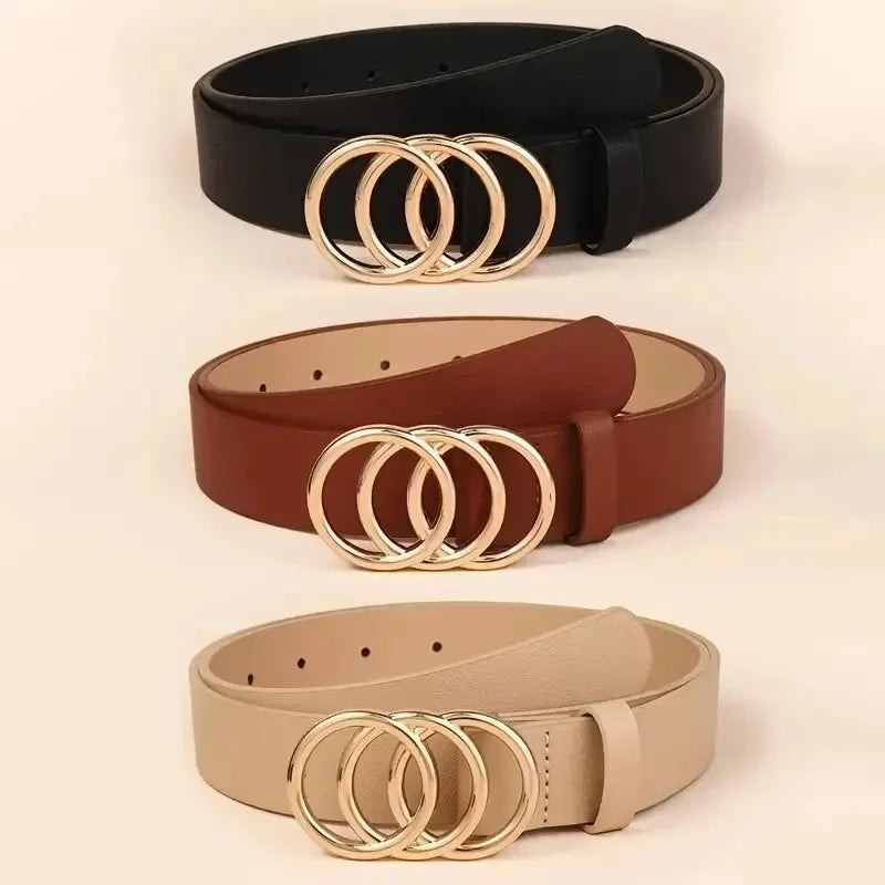 1PC Women's Belt Trend Triple Round Buckle Belt Simple Versatile Youth Belt PU Leather Belt Paired with Jeans Dress Ladies Belts