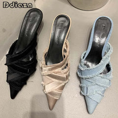 2025 Women Mules Elegant Sandals Pumps Summer Female Shoes Low Heels New In Fashion Ladies Sandal Pointed Toe Slides Footwear