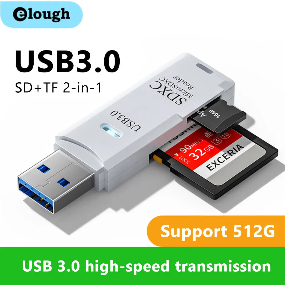 2-in-1 Multi-Functional USB 3.0/2.0 Card Reader - Supports TF+SD Cards for Computer/Tablet/Camera/Laptop/Car