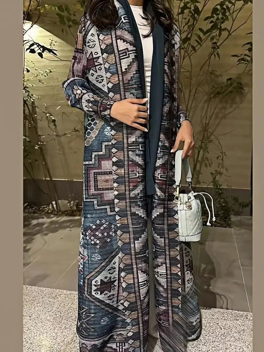 Miyake Pleated Abaya Print Foldable Collar Women's Long Sleeve Robe 2024 New Winter Original Design Fashion Cardigan Coat