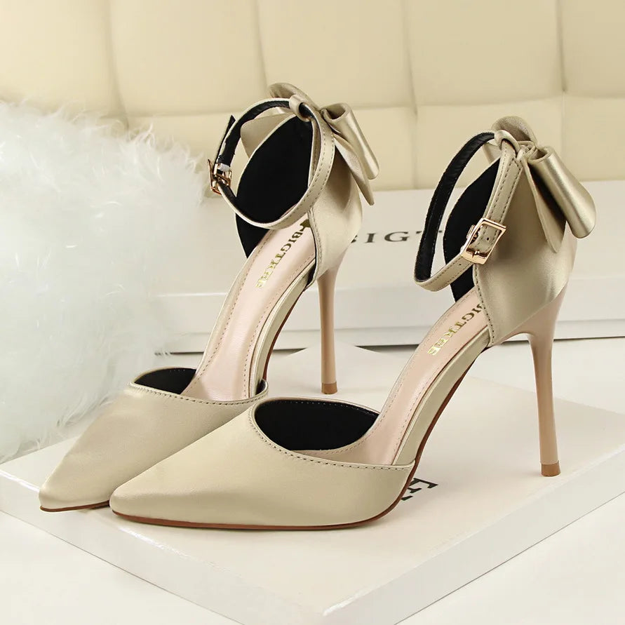 Women Summer 8cm 10cm High Heels Sandals Lady Silk Wedding Low Heels Butterfly Knot Bow Sandles Quality Classic Bigtree Shoes