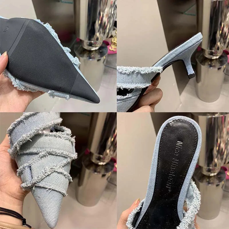 2025 Women Mules Elegant Sandals Pumps Summer Female Shoes Low Heels New In Fashion Ladies Sandal Pointed Toe Slides Footwear
