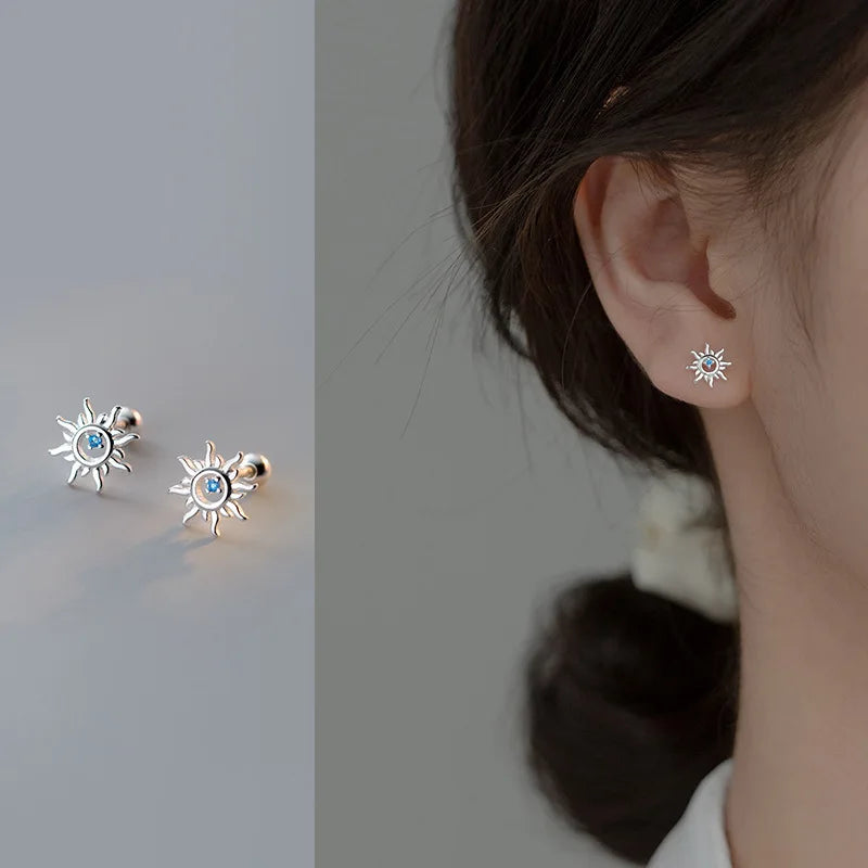 925 Sterling Silver Blue Zircon Sun Small Stud Earrings For Women Piercing Wedding Luxury Jewelry Wholesale Jewellery Money 925