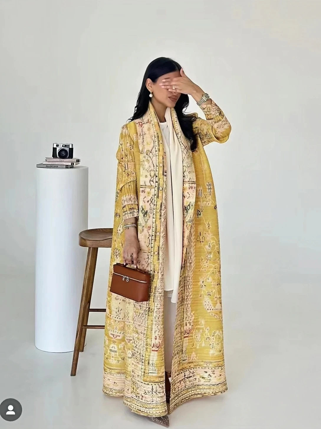 Miyake Pleated Abaya Print Foldable Collar Women's Long Sleeve Robe 2024 New Winter Original Design Fashion Cardigan Coat