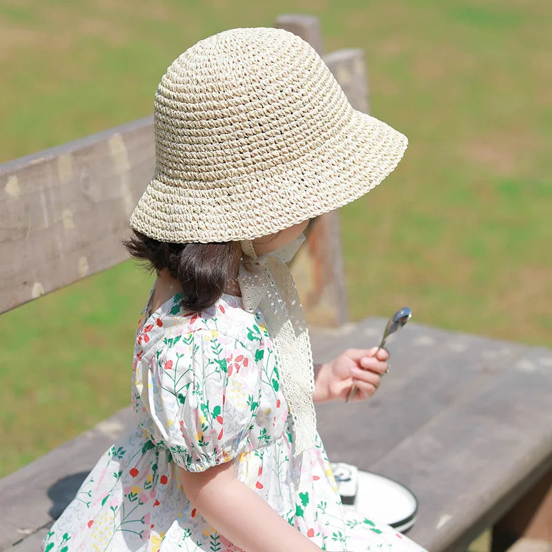 Summer Children Lace Solid Straw Hat Outdoor Girl Baby Fashion Sunscreen Cap Infant Fisherman's Caps Kid Vacation Casual Hats