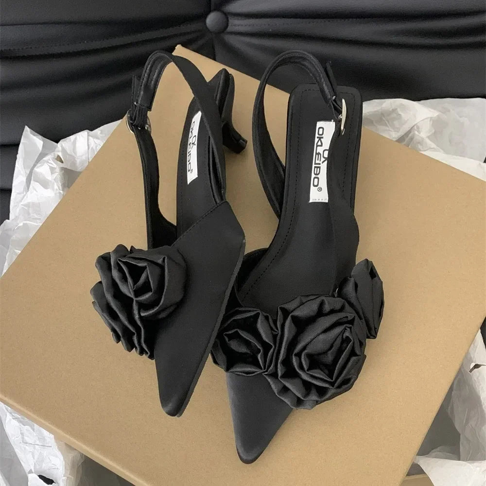 Elegant Woman Sandals High Heeled Sweet Rose Closed Toe Footwear 2024 Summer Slingback Pointed Fashion Dress Ladies Shoes