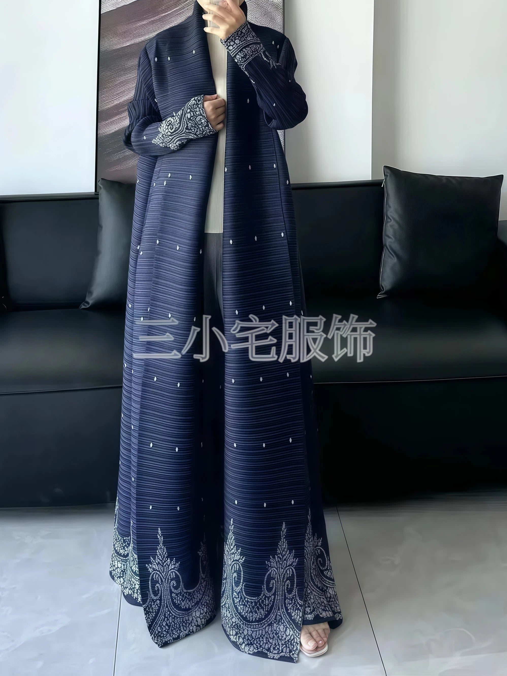 Miyake Pleated Abaya Print Foldable Collar Women's Long Sleeve Robe 2024 New Winter Original Design Fashion Cardigan Coat