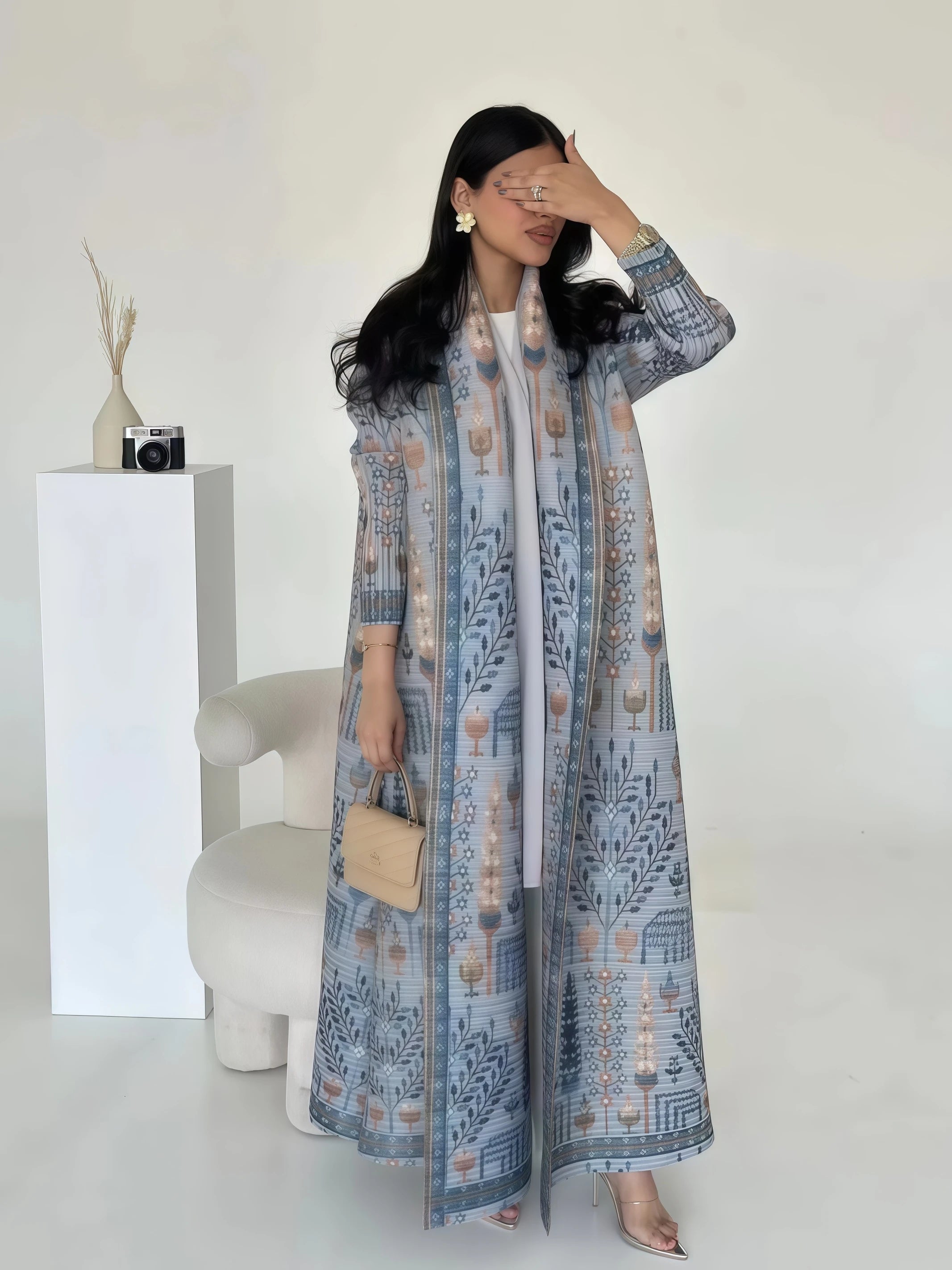 Miyake Pleated Abaya Print Foldable Collar Women's Long Sleeve Robe 2024 New Winter Original Design Fashion Cardigan Coat