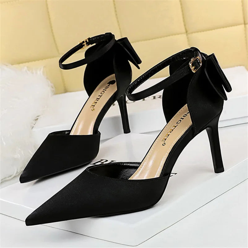 Women Summer 8cm 10cm High Heels Sandals Lady Silk Wedding Low Heels Butterfly Knot Bow Sandles Quality Classic Bigtree Shoes