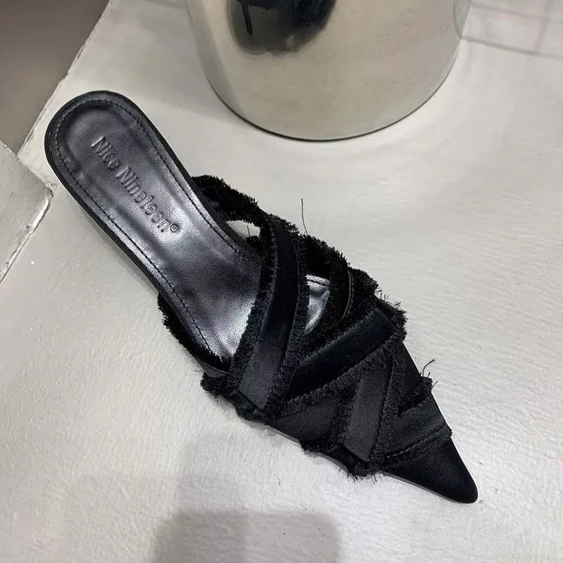 2025 Women Mules Elegant Sandals Pumps Summer Female Shoes Low Heels New In Fashion Ladies Sandal Pointed Toe Slides Footwear