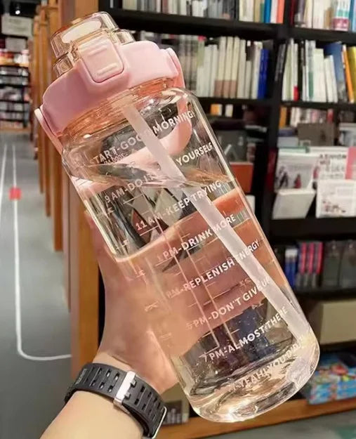 Large Capacity Plastic Straw Portable Sports Straw Water Bottle With Time Marker 2L Large Capacity Cup，Water Jug With Handle