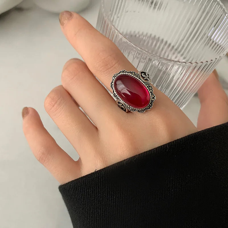 Personality Retro Exaggeration Big Garnet Stone Thai Silver Female Wedding Ring Hand Jewellery Accessories Never Fade Gifts