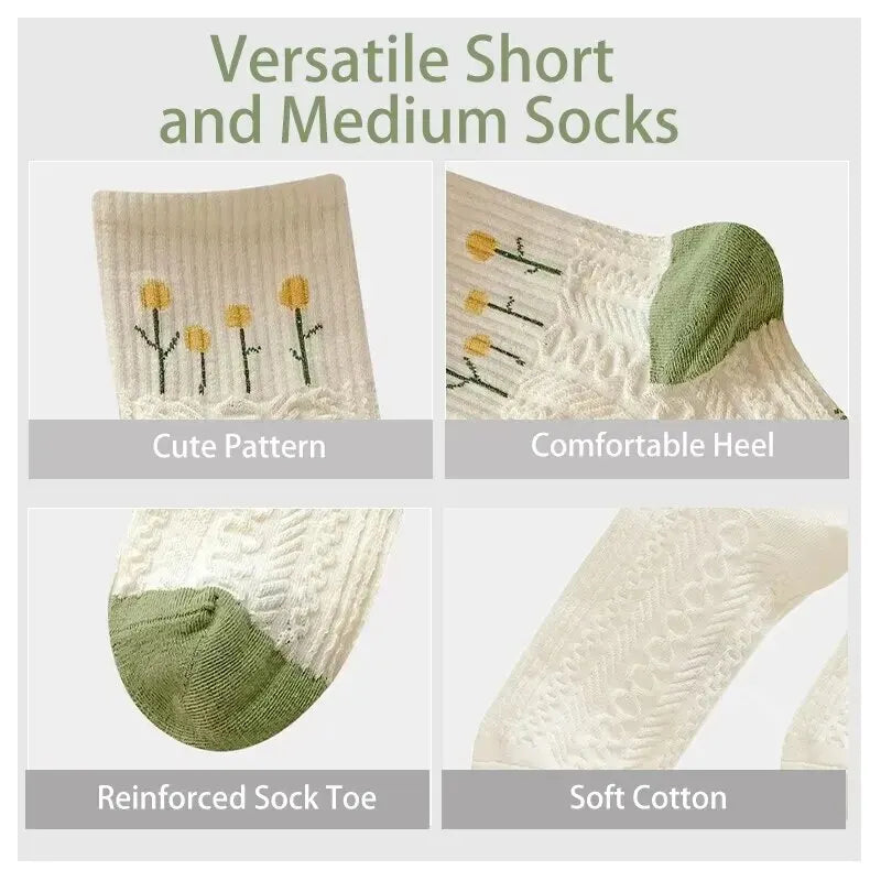 Girls Short Socks 5 Pairs Cute Medium Flowers Print Sweet Style Skin-Friendly Comfortable And Breathable Pure Cotton For All Sea