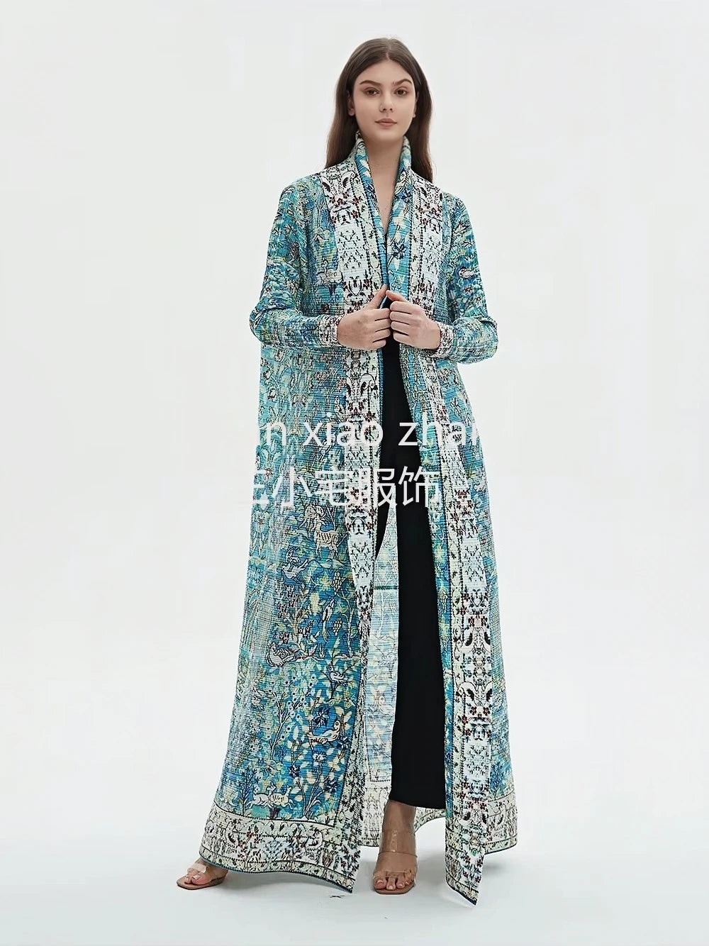 Miyake Pleated Abaya Print Foldable Collar Women's Long Sleeve Robe 2024 New Winter Original Design Fashion Cardigan Coat