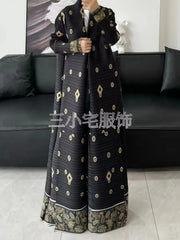 Miyake Pleated Abaya Print Foldable Collar Women's Long Sleeve Robe 2024 New Winter Original Design Fashion Cardigan Coat