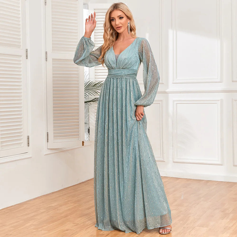 Elegant Women's Bright Sparkling Pleated Long Sleeve V-Neck Swing Skirt with Full Lining Elastic Waist A-Line Gown for Special O