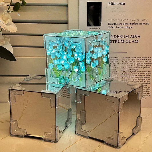 DIY Tulip Mirror Cube Lamp Simulation Flower Bedroom Sleeping Table Lamp Handmade Craft Tulips Mirror Night Light Birthday Gift