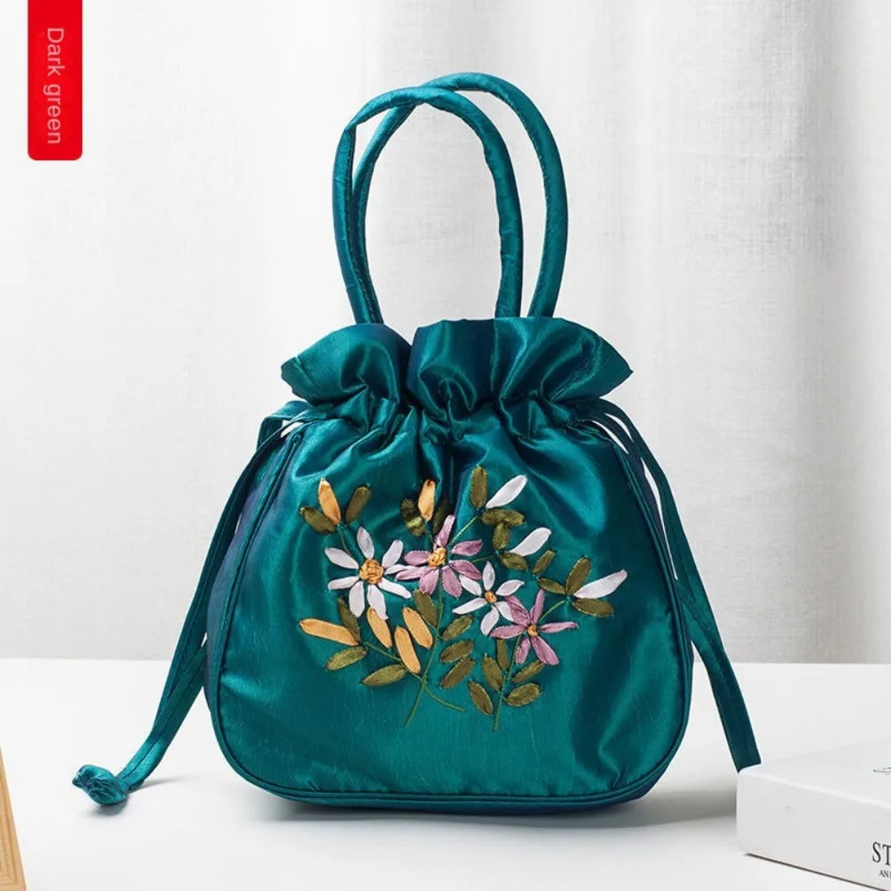 Small Women Bucket Bag Top Handle Ladies Handbag Phone Bag Summer Purse National Style Embroidered Flower Pattern Drawstring Bag