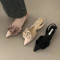 Elegant Woman Sandals High Heeled Sweet Rose Closed Toe Footwear 2024 Summer Slingback Pointed Fashion Dress Ladies Shoes