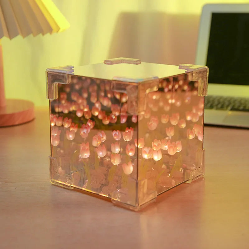 DIY Tulip Mirror Cube Lamp Simulation Flower Bedroom Sleeping Table Lamp Handmade Craft Tulips Mirror Night Light Birthday Gift