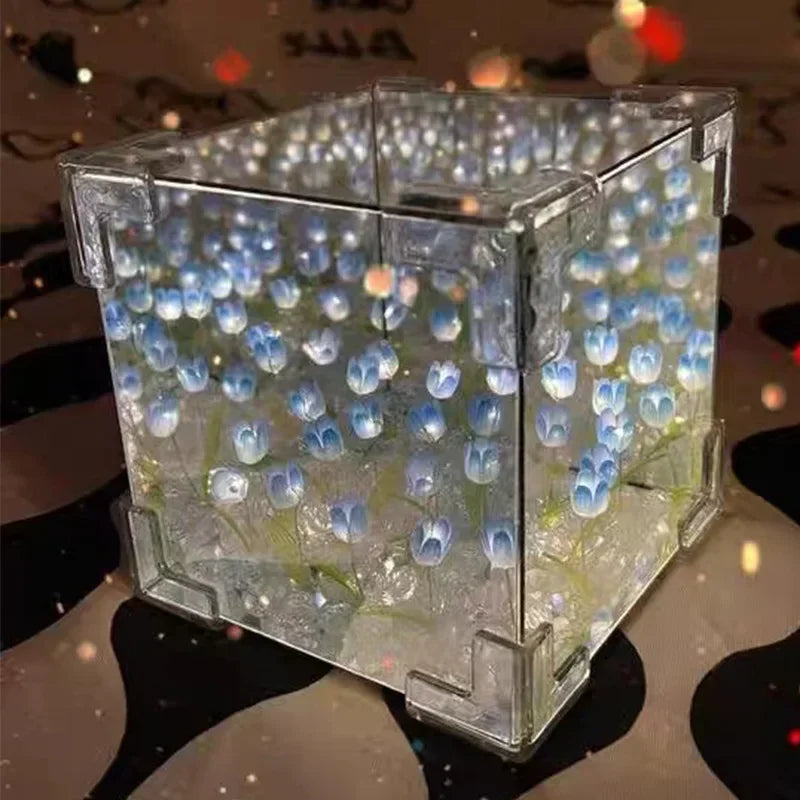 DIY Tulip Mirror Cube Lamp Flower Table Lamp Handmade Romantic Valentine's Day Lamp Tulips Home Decorations Gift for Girlfriend