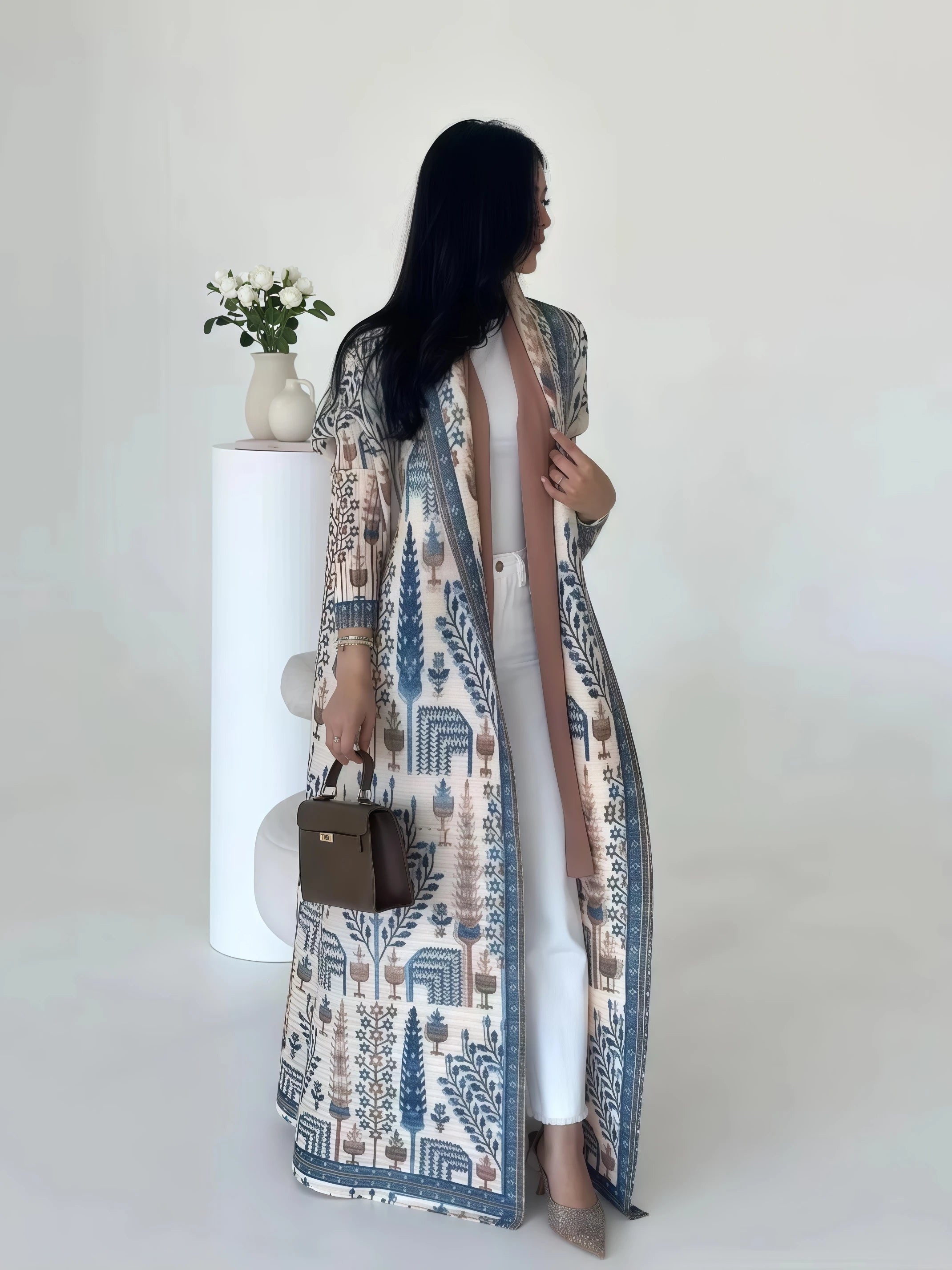 Miyake Pleated Abaya Print Foldable Collar Women's Long Sleeve Robe 2024 New Winter Original Design Fashion Cardigan Coat