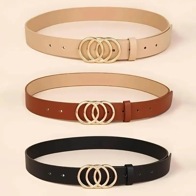 1PC Women's Belt Trend Triple Round Buckle Belt Simple Versatile Youth Belt PU Leather Belt Paired with Jeans Dress Ladies Belts