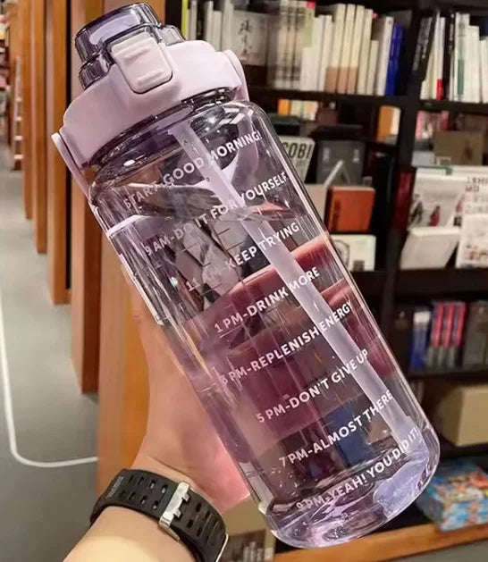 Large Capacity Plastic Straw Portable Sports Straw Water Bottle With Time Marker 2L Large Capacity Cup，Water Jug With Handle