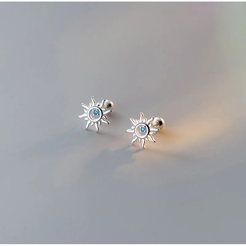 925 Sterling Silver Blue Zircon Sun Small Stud Earrings For Women Piercing Wedding Luxury Jewelry Wholesale Jewellery Money 925