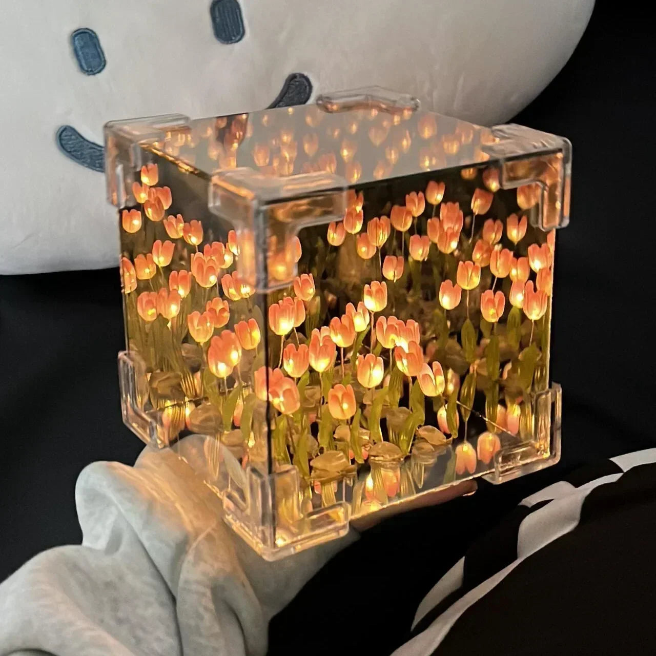 DIY Tulip Mirror Cube Lamp Simulation Flower Bedroom Sleeping Table Lamp Handmade Craft Tulips Mirror Night Light Birthday Gift