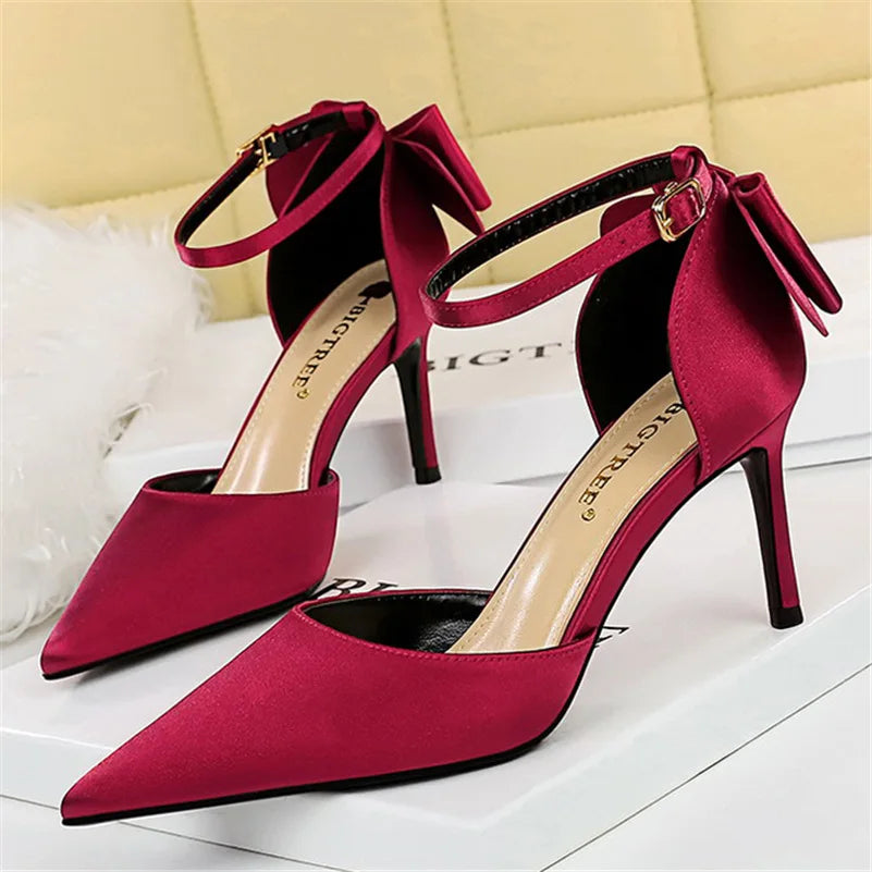 Women Summer 8cm 10cm High Heels Sandals Lady Silk Wedding Low Heels Butterfly Knot Bow Sandles Quality Classic Bigtree Shoes