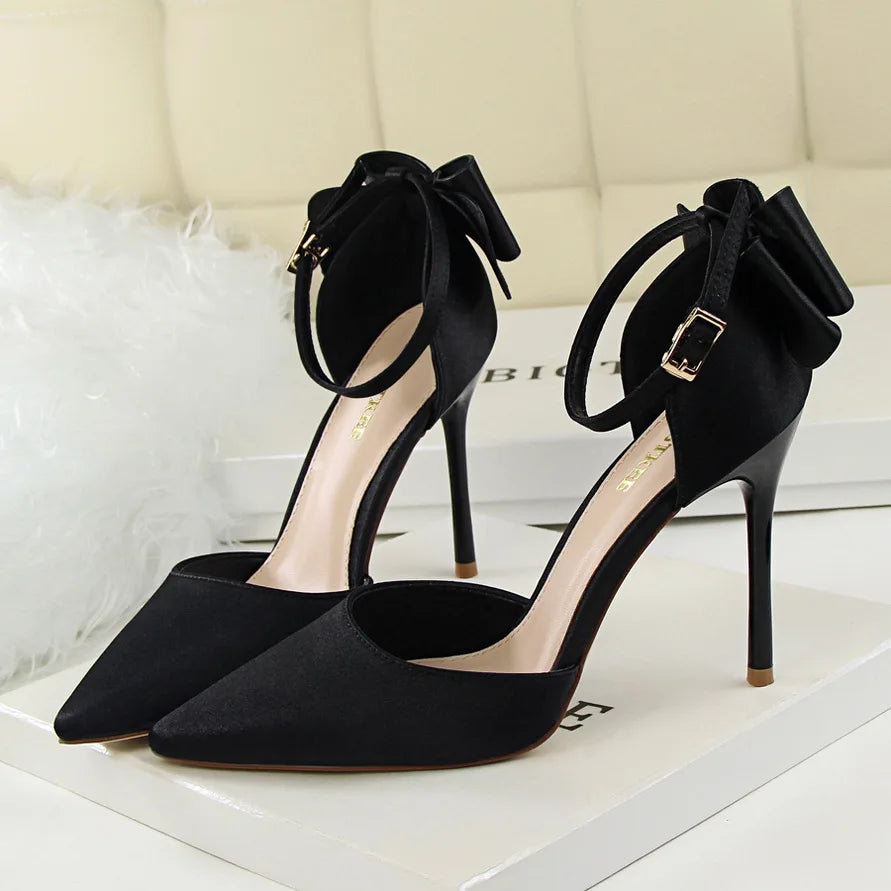 Women Summer 8cm 10cm High Heels Sandals Lady Silk Wedding Low Heels Butterfly Knot Bow Sandles Quality Classic Bigtree Shoes