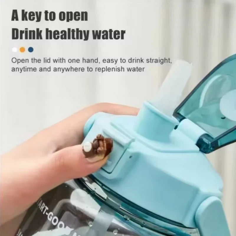 Large Capacity Plastic Straw Portable Sports Straw Water Bottle With Time Marker 2L Large Capacity Cup，Water Jug With Handle