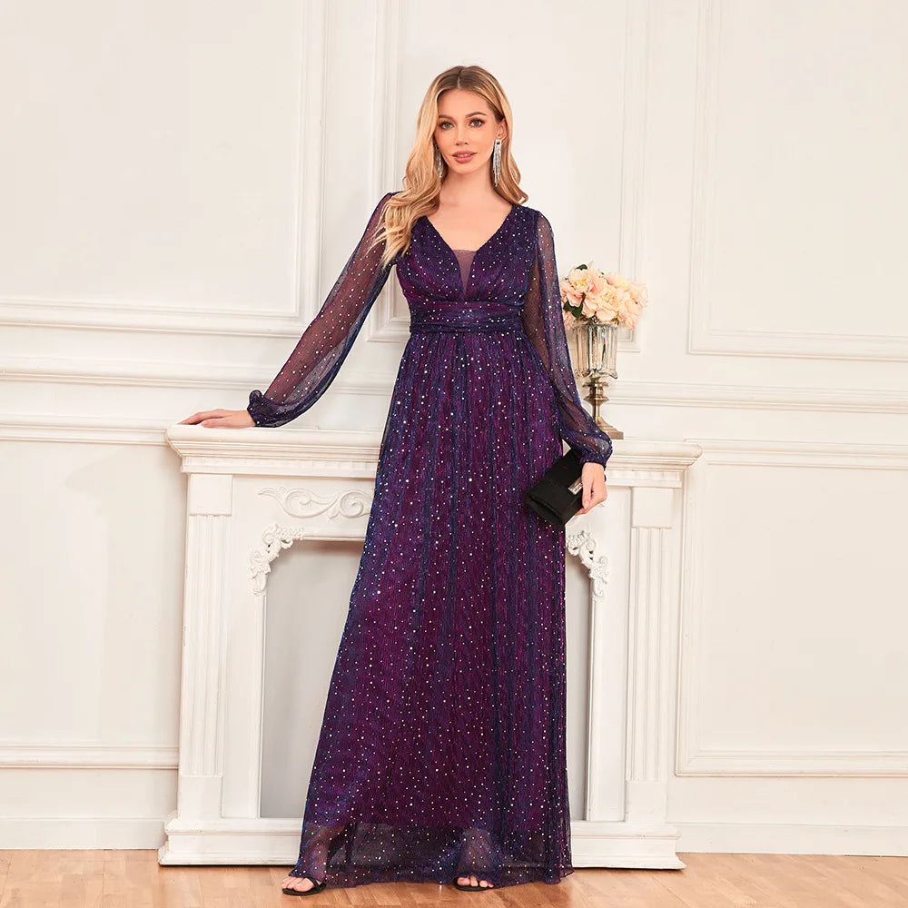 Elegant Women's Bright Sparkling Pleated Long Sleeve V-Neck Swing Skirt with Full Lining Elastic Waist A-Line Gown for Special O