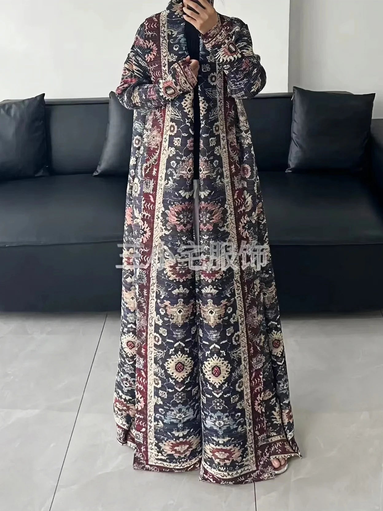 Miyake Pleated Abaya Print Foldable Collar Women's Long Sleeve Robe 2024 New Winter Original Design Fashion Cardigan Coat