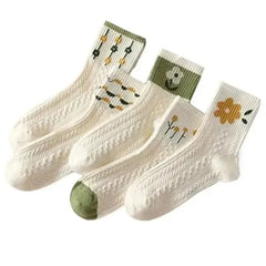 Girls Short Socks 5 Pairs Cute Medium Flowers Print Sweet Style Skin-Friendly Comfortable And Breathable Pure Cotton For All Sea