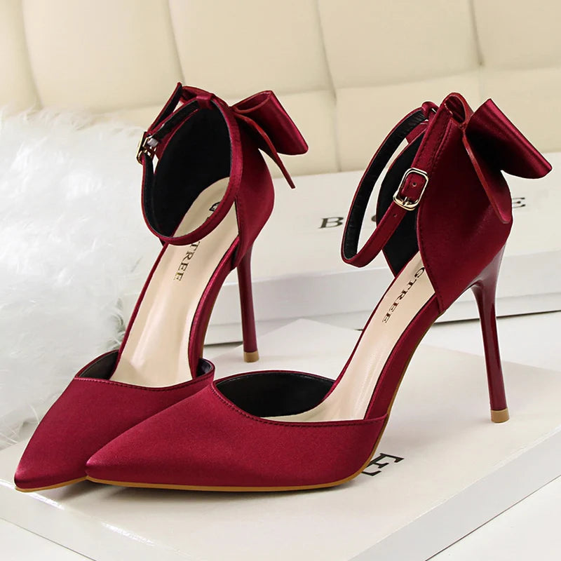 Women Summer 8cm 10cm High Heels Sandals Lady Silk Wedding Low Heels Butterfly Knot Bow Sandles Quality Classic Bigtree Shoes