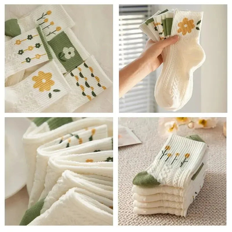 Girls Short Socks 5 Pairs Cute Medium Flowers Print Sweet Style Skin-Friendly Comfortable And Breathable Pure Cotton For All Sea