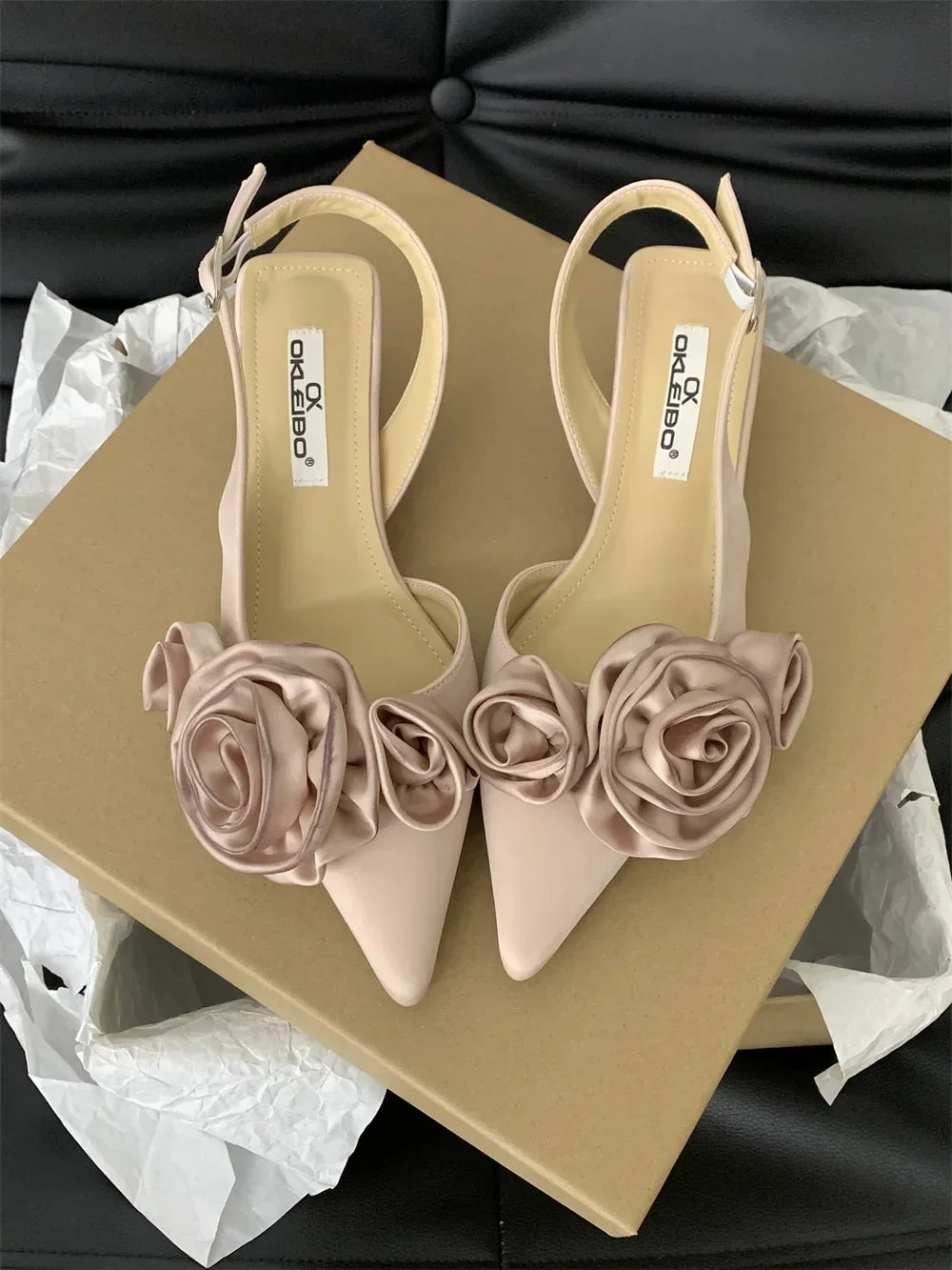 Elegant Woman Sandals High Heeled Sweet Rose Closed Toe Footwear 2024 Summer Slingback Pointed Fashion Dress Ladies Shoes