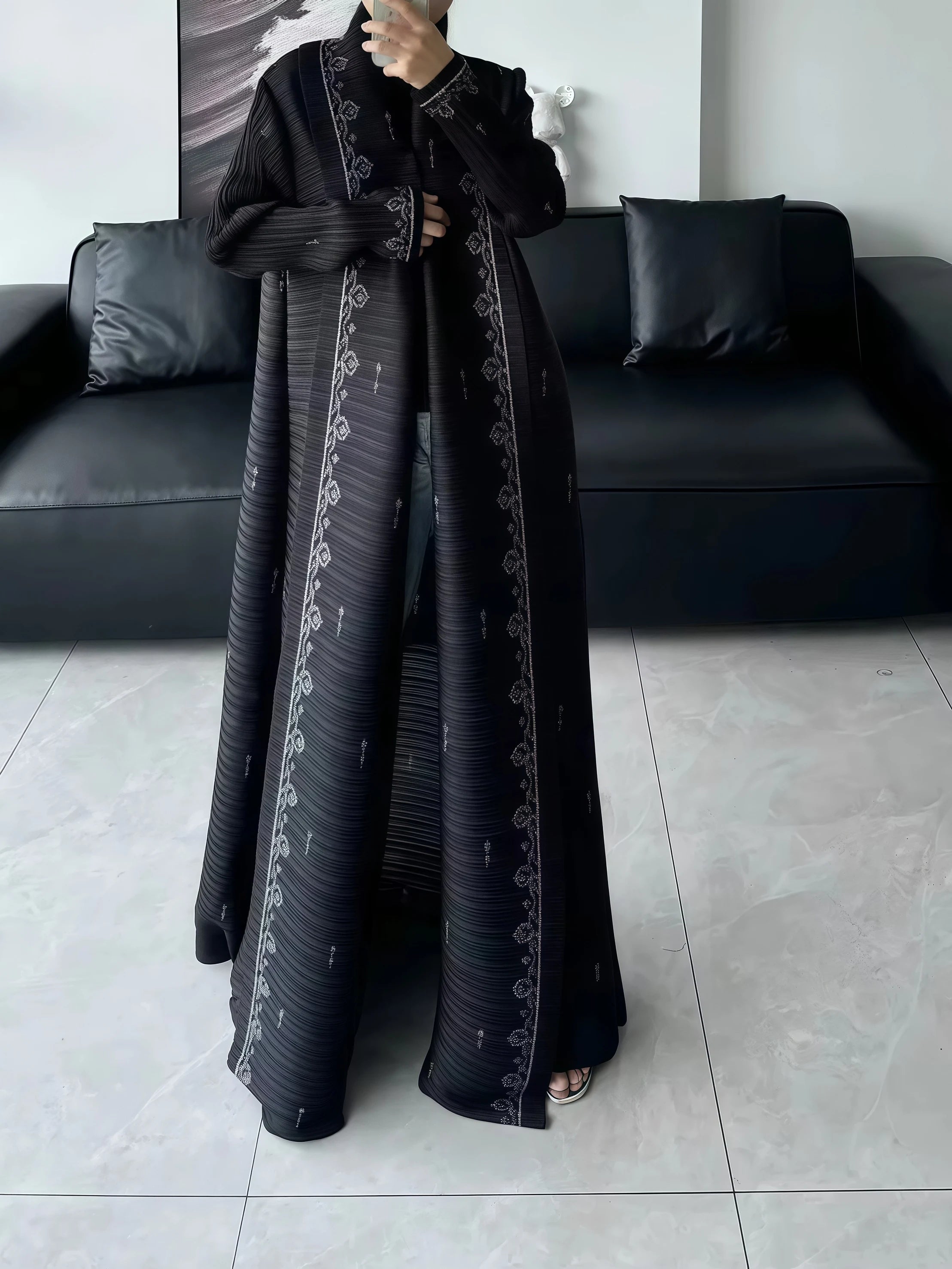 Miyake Pleated Abaya Print Foldable Collar Women's Long Sleeve Robe 2024 New Winter Original Design Fashion Cardigan Coat