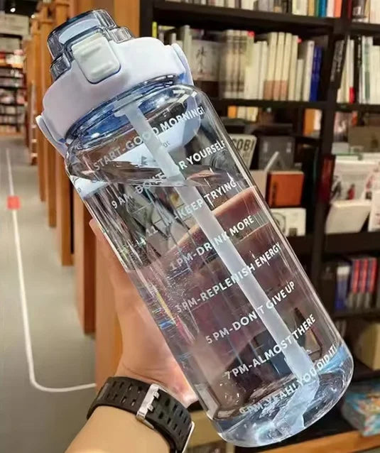 Large Capacity Plastic Straw Portable Sports Straw Water Bottle With Time Marker 2L Large Capacity Cup，Water Jug With Handle